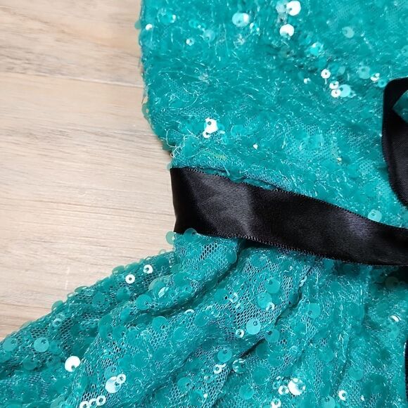 🔺️Lily Rose Teal Sequined One Shoulder Belted Sash Dress Small - Picture 12 of 12